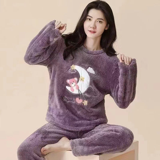 Cartoon Sleepwear Set Long Sleeve Female Flannel Pajamas star