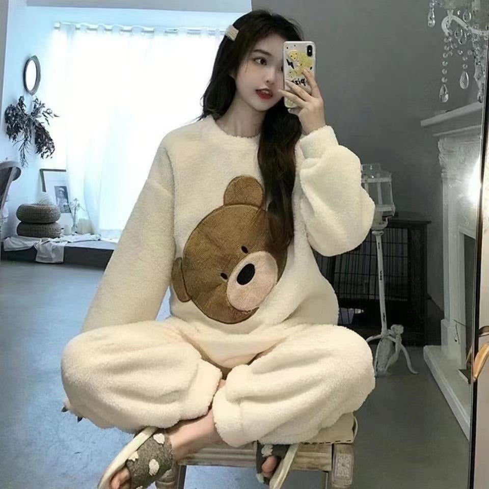 Cartoon Sleepwear Set Long Sleeve Female Flannel Pajamas panda